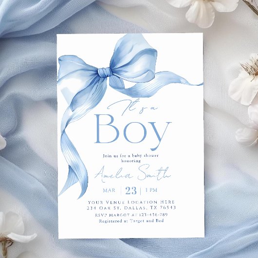 Blue Bow Coquette Boy Baby Shower 招待状