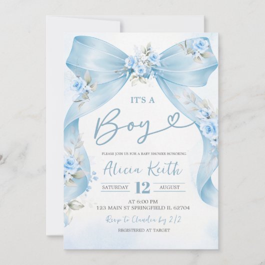 Blue Bow Coquette Boy baby shower Invitation 招待状 (正面)