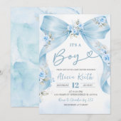 Blue Bow Coquette Boy baby shower Invitation 招待状 (正面/裏面)
