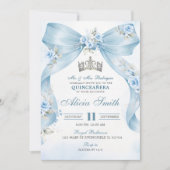 Blue Bow Coquette Crown Floral Quinceanera Invitat 招待状 (正面)