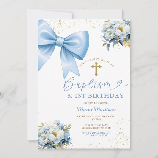 Blue Bow Coquette Girl Baptism and Birthday Floral 招待状 (正面)