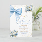 Blue Bow Coquette Girl Baptism and Birthday Floral 招待状 (スタンド正面)