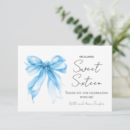 Blue Bow Coquette Script Sweet 16 Thank You  サンキューカード (スタンド正面)