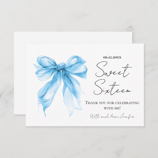 Blue Bow Coquette Script Sweet 16 Thank You  サンキューカード (正面/裏面)