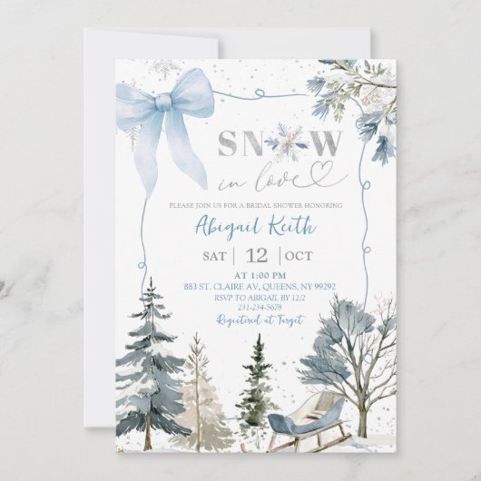 Blue Bow Coquette Snow In Love Bridal Shower 招待状 (正面)