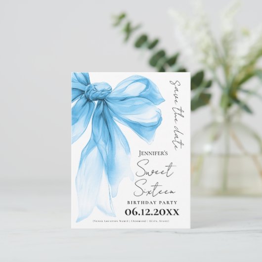 Blue Bow Coquette Sweet 16 Save the Date  ポストカード (スタンド正面)