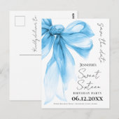 Blue Bow Coquette Sweet 16 Save the Date  ポストカード (正面/裏面)