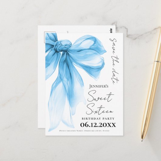 Blue Bow Coquette Sweet 16 Save the Date  ポストカード (正面/裏面インサイチュ)