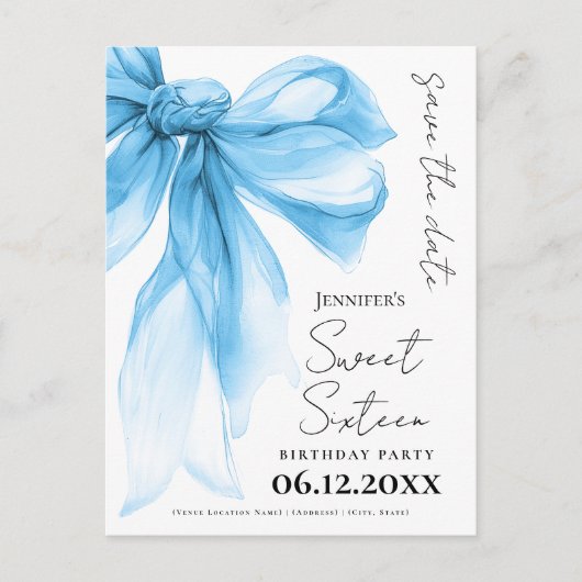 Blue Bow Coquette Sweet 16 Save the Date  ポストカード (正面)