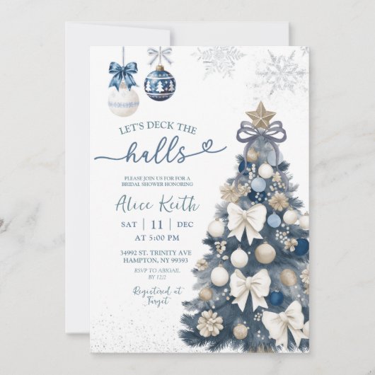 Blue Bow Coquette Winter Christmas Bridal Shower 招待状 (正面)
