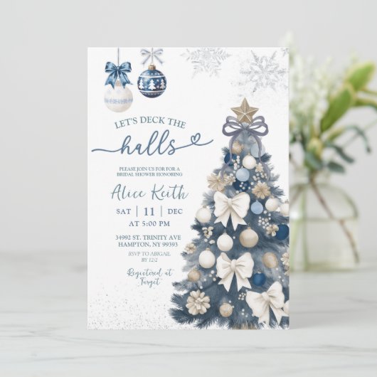Blue Bow Coquette Winter Christmas Bridal Shower 招待状 (スタンド正面)