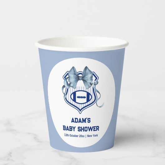 Blue Bow Crest Rookie Football Sport Baby Shower 紙コップ (正面)