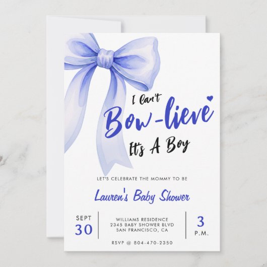Blue Bow Cute It's a Boy Baby Shower 招待状 (正面)