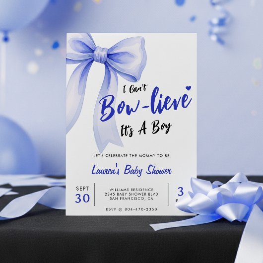 Blue Bow Cute It's a Boy Baby Shower 招待状