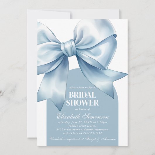 Blue Bow Elegant Bridal Shower 招待状 (正面)
