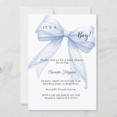 Blue bow elegant pearls boy Baby Shower 招待状 (正面)
