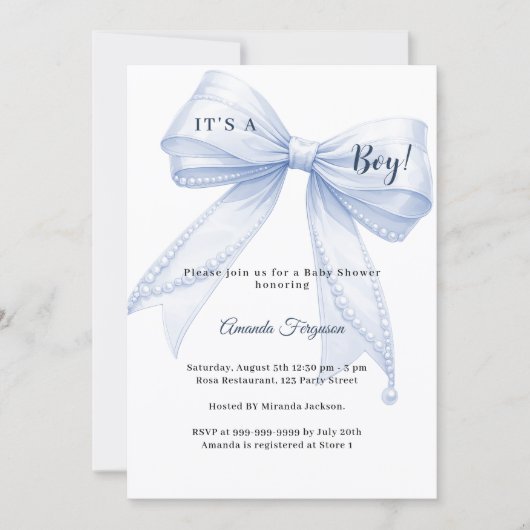 Blue bow elegant pearls boy Baby Shower 招待状 (正面)