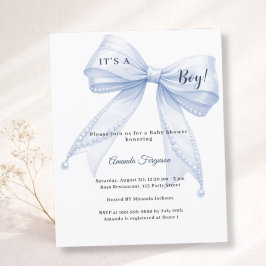 Blue bow elegant pearls boy Baby Shower invitation