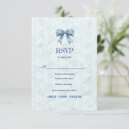 Blue Bow Engagement Invitation – Japanese Style 出欠カード (スタンド正面)