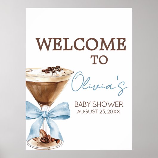 Blue Bow Espresso Martini Baby Shower Welcome Sign ポスター (正面)