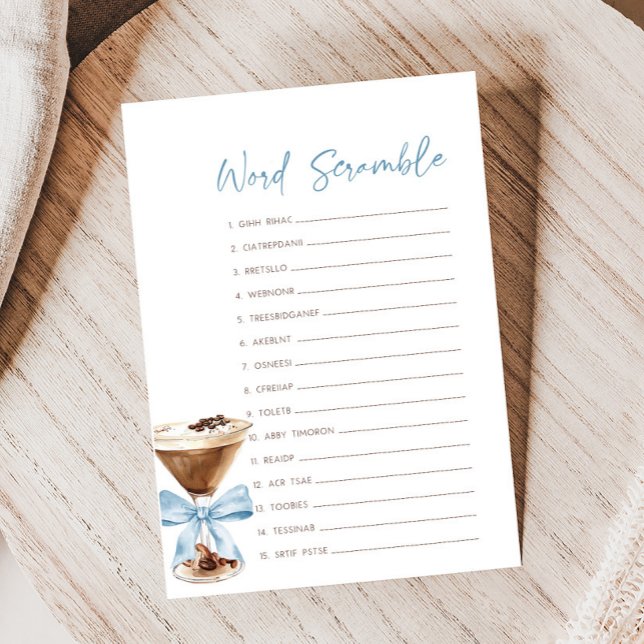 Blue Bow Espresso Martini Shower WordScramble Game (Espresso Baby Shower Game)
