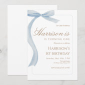 Blue Bow First Birthday Invitation Watercolor 招待状 (正面/裏面)