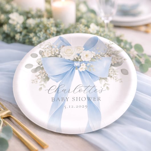 Blue Bow Floral Baby Boy Shower ペーパープレート