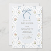 Blue Bow Floral Baby Shower  招待状 (正面)