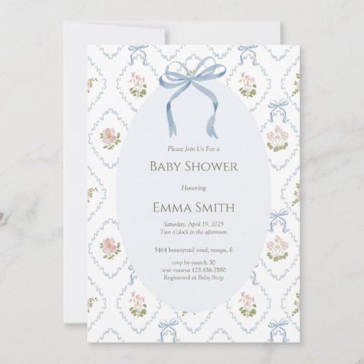 Blue Bow Floral Baby Shower  招待状 (正面)