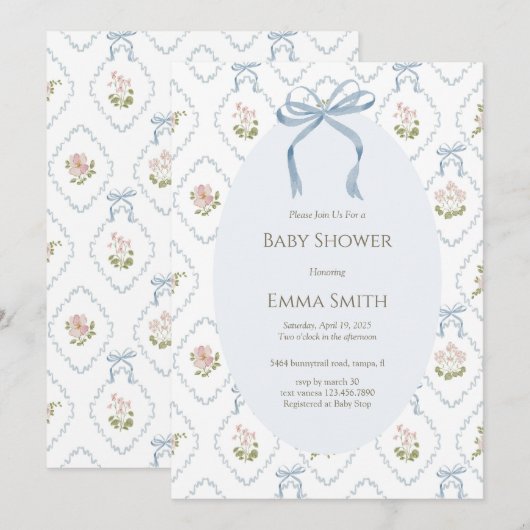 Blue Bow Floral Baby Shower  招待状 (正面/裏面)