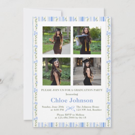 Blue Bow Floral Graduation 招待状 (裏面)