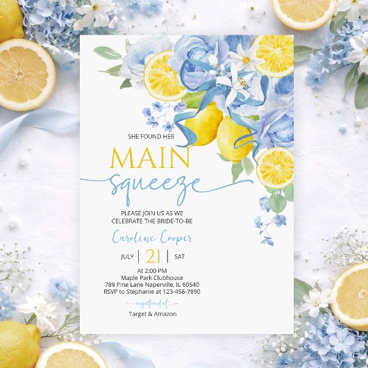 Blue Bow Floral Lemon Bridal Shower Invitation 招待状
