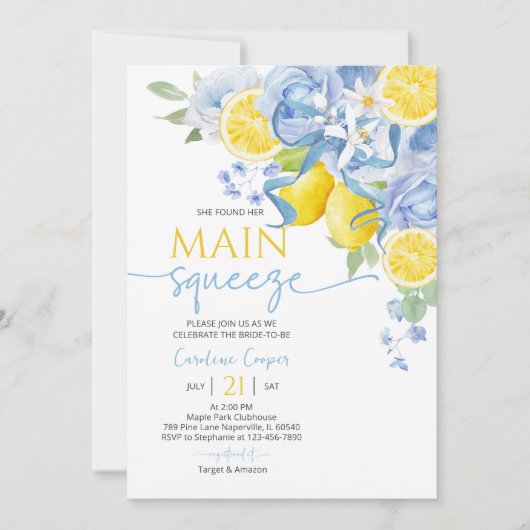 Blue Bow Floral Lemon Bridal Shower Invitation 招待状 (正面)