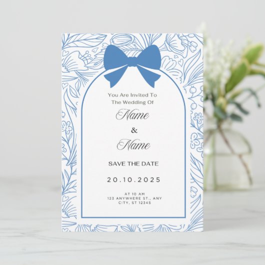 Blue bow floral wedding invitation  招待状 (スタンド正面)