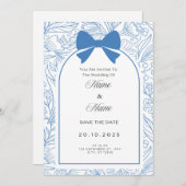 Blue bow floral wedding invitation  招待状 (正面/裏面)