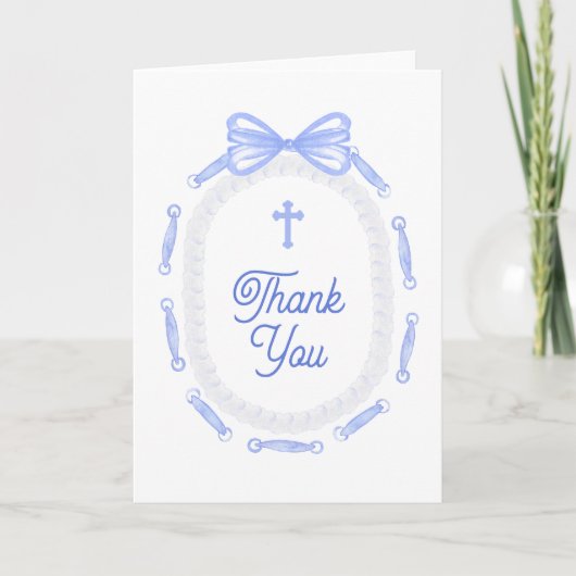 Blue Bow Frame Holy Cross Religious Thank You カード (正面)