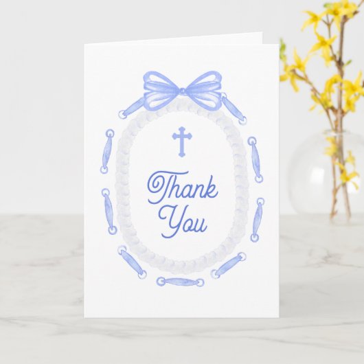 Blue Bow Frame Holy Cross Religious Thank You カード (黄色い花)
