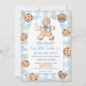 Blue Bow Gingerbread Christmas Baby Shower Gingham 招待状 (正面)