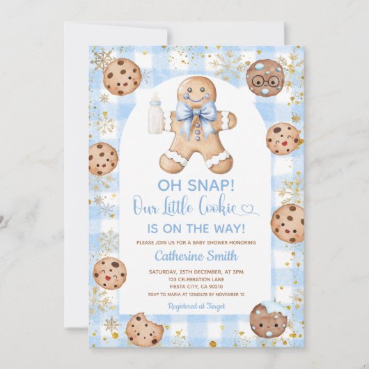 Blue Bow Gingerbread Christmas Baby Shower Gingham 招待状 (正面)