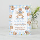 Blue Bow Gingerbread Christmas Baby Shower Gingham 招待状 (スタンド正面)