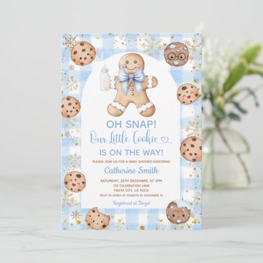 Blue Bow Gingerbread Christmas Baby Shower Gingham 招待状 (スタンド正面)
