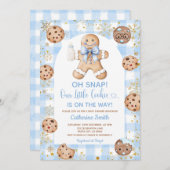 Blue Bow Gingerbread Christmas Baby Shower Gingham 招待状 (正面/裏面)