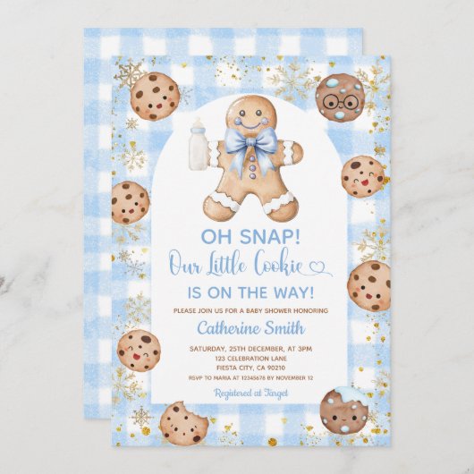 Blue Bow Gingerbread Christmas Baby Shower Gingham 招待状 (正面/裏面)