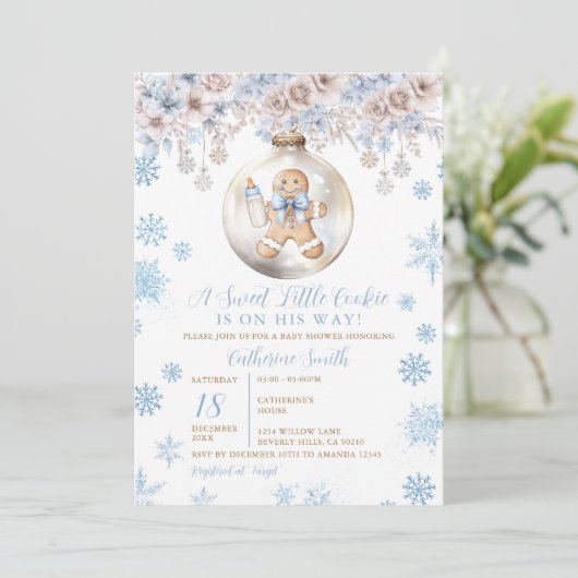 Blue Bow Gingerbread Christmas Cookies Baby Shower 招待状 (スタンド正面)