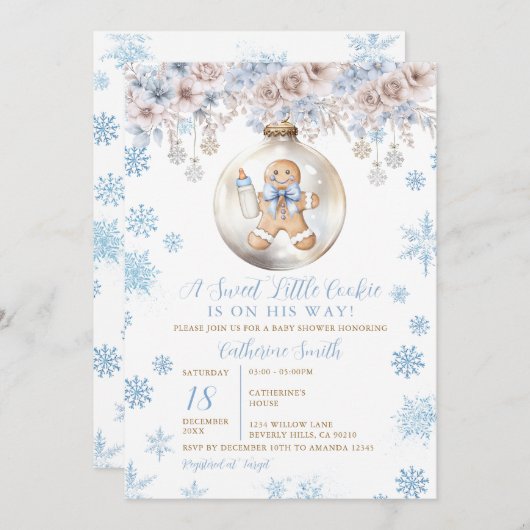 Blue Bow Gingerbread Christmas Cookies Baby Shower 招待状 (正面/裏面)