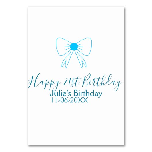 Blue bow happy 21st birthday name date girlstylish テーブルナンバー (正面)