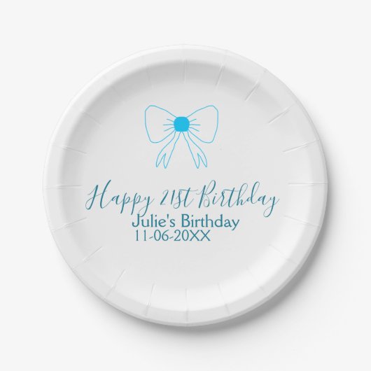 Blue bow happy 21st birthday name date girlstylish ペーパープレート (正面)