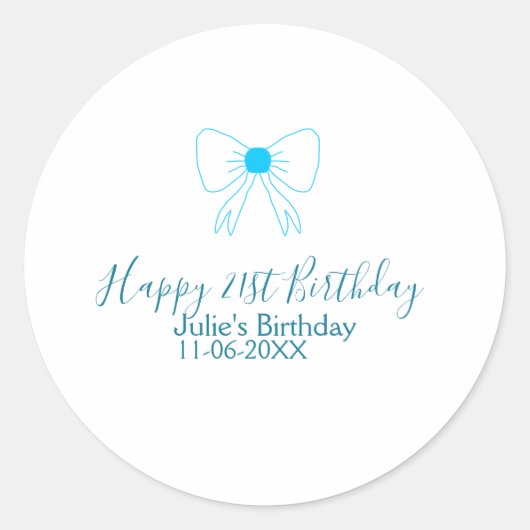 Blue bow happy 21st birthday name date girlstylish ラウンドシール (正面)