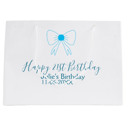 Blue bow happy 21st birthday name date girlstylish ラージペーパーバッグ (正面)
