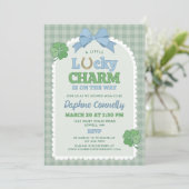 Blue Bow Horseshoe Lucky Charm Boy Baby Shower 招待状 (スタンド正面)